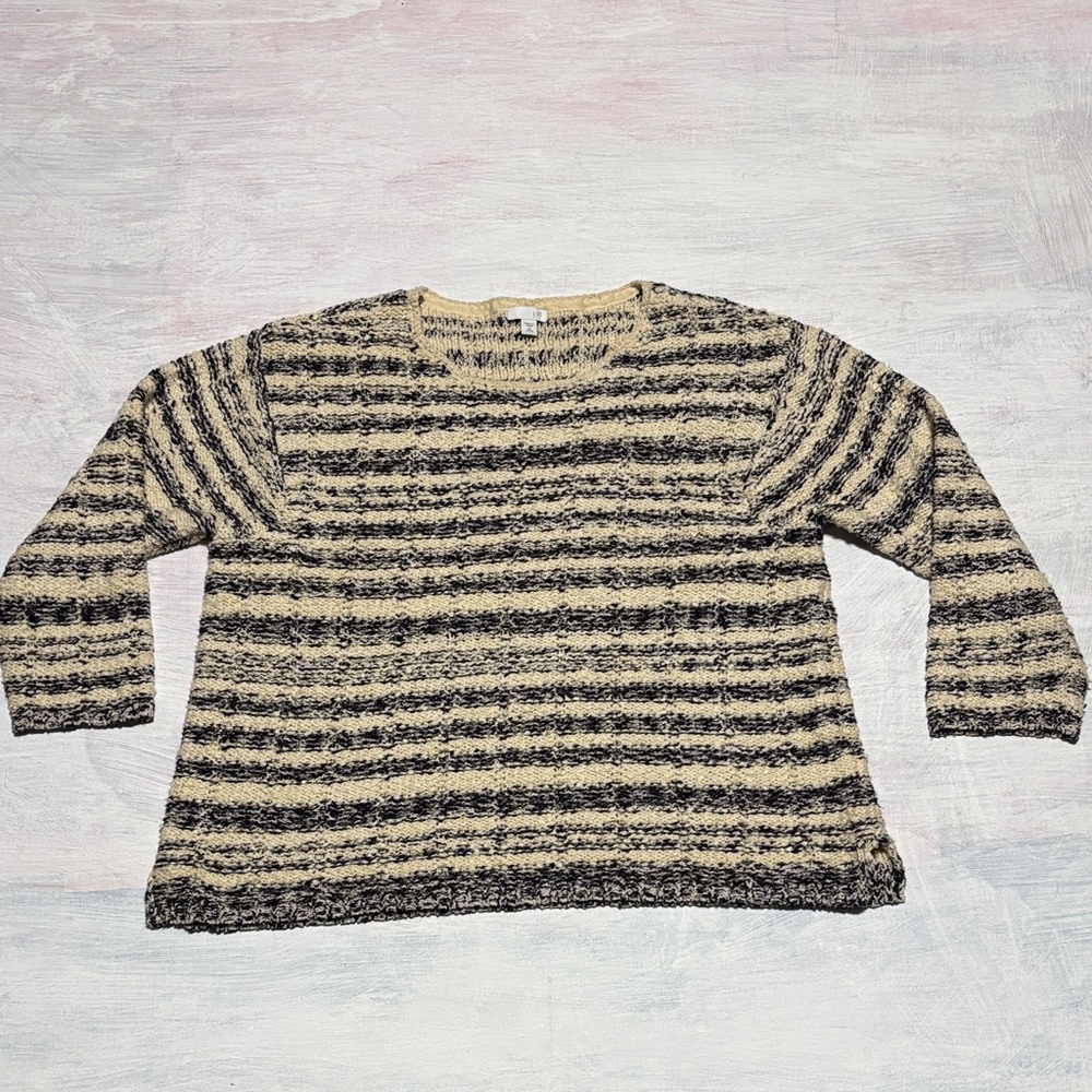 J. Jill Black and Cream Striped chunky Sweater crew neck small stain
